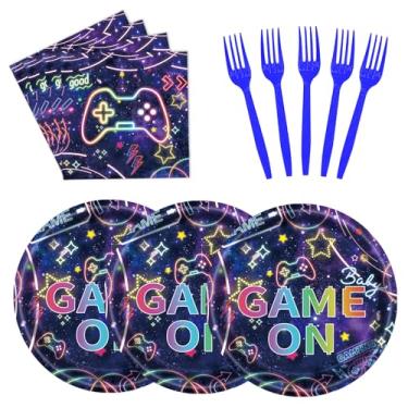 Imagem de 75 peças de pratos e guardanapos de videogame, utensílios de mesa descartáveis para decoração de festa de aniversário, 25 unidades