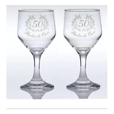 Imagem de Kit presente Bodas de Ouro 50 anos Par de taça 2 peças (vinho 260 ml, Bodas de ouro 50 anos)