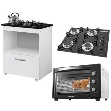 Imagem de Kit Balcão Cooktop 4 Bocas 1 Porta Branco C/Forno Elétrico 40L e Fogão 4 Bocas Chamalux 220V