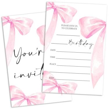 Imagem de RLCNOT Convites de aniversário de laço rosa, convites de festa de aniversário para mulheres, adultos, adolescentes, crianças, suprimentos para celebração de festa de aniversário, 20 convites de
