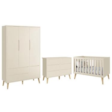 Imagem de Dormitório Completo Infantil Theo 3 Portas, Cômoda 6 Gavetas e Berço com Pés Madeira Natural - Reller Móveis Areia Fosco