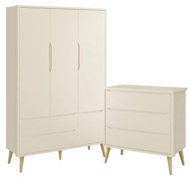 Imagem de Jogo de Quarto Infantil Theo Guarda Roupa 3 Portas e Cômoda 3 Gavetas com Pés Madeira Natural - Reller Móveis Areia Fosco