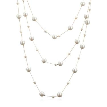 Imagem de IDOKAWA Colar feminino de 8 mm, imitação de pérola, colar longo delicado com vários fios para festa, bijuteria vintage, Pérola, Pérola