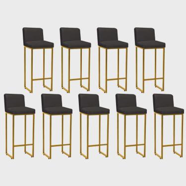 Imagem de Kit 09 Banqueta Alta Com Encosto Lucca -60cm chão até o assento Industrial Ferro Dourado Sintético Cinza - Ahazzo Móveis
