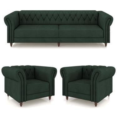Imagem de Conjunto 1 Sofá Living 240cm E 2 Poltronas Stanford Chesterfield Pés Madeira Couro Verde G58 Gran Belo