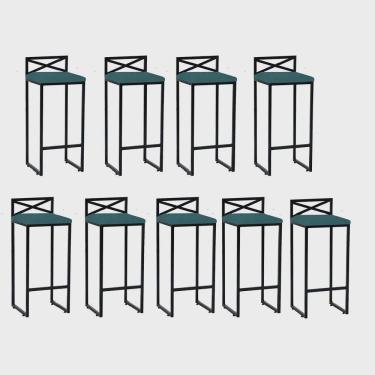 Imagem de Kit 09 Banqueta Alta Com Encosto Ema Balcão Bar Cozinha Bistrô Ferro Preto Suede Azul Turquesa - Ahz Móveis