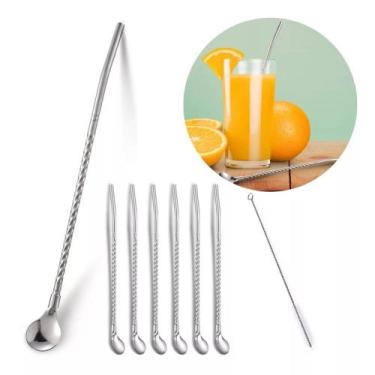 Imagem de Kit 6 Colher Canudo Aço Inox Reutilizável + Escova Limpeza Mexedor Dri