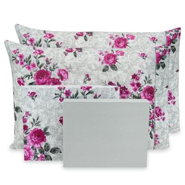 Imagem de Jogo de Lençol Queen 6 pçs Percal Flex Estampado 400 Fios Toque Acetinado - 40 CM DE ALTURA (FLORES PINK CINZA)