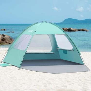 Imagem de OutdoorMaster Barraca de praia para 3/4 pessoas - abrigo de sombra de fácil configuração, toldo portátil para sombra de praia com proteção UV FPS 50+, claraboia removível, tamanho familiar - 4 pessoas