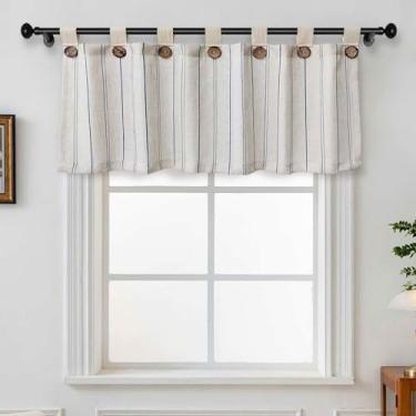 Imagem de Cortinas de cozinha listradas, cortinas de linho para casa de fazenda, topo de aba, boho, rústico, filtro de luz, cortina curta para janela pequena, cortina curta para café, banheiro, quarto, 1 painel
