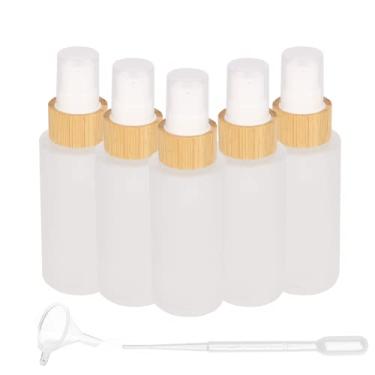 Imagem de 6 peças, garrafa de óleo essencial de vidro fosco de 50 ml, suporte de frasco líquido de vidro vazio com spray, tampa de grão de madeira para viagem, recipiente de cosméticos, incluindo pipeta e funil (loção de cobertura de bambu)