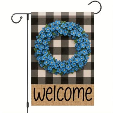 Imagem de Starlit Patio Guirlanda de boas-vindas xadrez búfalo bandeira de jardim Forget Me Not fundo floral azul primavera ao ar livre outono fazenda ao ar livre pequena decoração para varanda gramado pátio