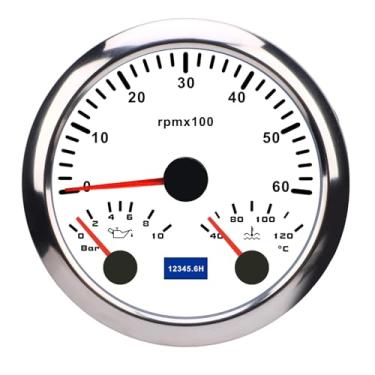 Imagem de 3 Em 1 85mm Tacômetro DC 9 a 32V 6000rpm Tacômetro 0 a 10bar Pressão do óleo 40 a 120 ℃ Temperatura água Luz de Fundo de 7 Cores para o Caminhão do Barco do (Dial Branco
