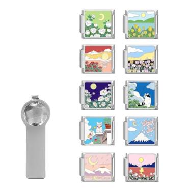 Imagem de papasgix Pacote de berloques de pulseiras italianas a granel com ferramenta de abertura, pingentes italianos de 9 mm, 10 elos de pulseira modulares italianos feitos à mão, joias, flores, lua, sol