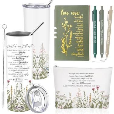 Imagem de Skylety Conjunto de 6 peças de formatura cristão para mulheres - copo Sister in Christ Tumbler, diário, bolsa de maquiagem, canetas presente religioso para mulheres, amigas, mentor espiritual