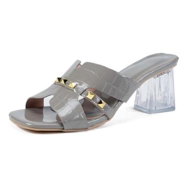 Imagem de AIVYFAJA Sandálias femininas com bico aberto, salto grosso, salto grosso, moderno, bico quadrado, sem cadarço, salto bloco, mula, elegante, vestido de festa, chinelos de verão, Cinza, 33