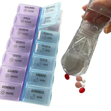 Imagem de Kit Porta Comprimidos 14 Divisórias E Cortador de Remédios Organizador Semanal 2 X Ao Dia Manhã E Noite Vitaminas e Suplementos De Plástico Colorido