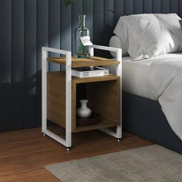 Imagem de Mesa de Cabeceira Industrial Marrocos Ferro Branco e Tampo Freijó