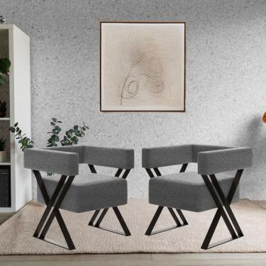 Imagem de Kit 2 Poltrona Decorativa Aruba Pés Metal Estilo Industrial Linho Cinza