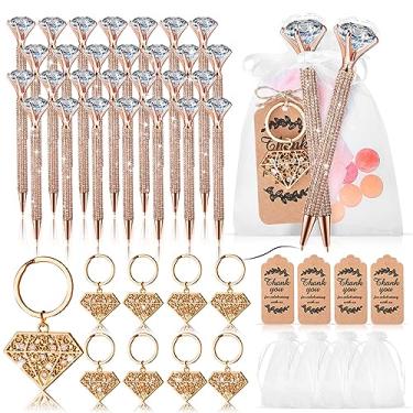 Imagem de Qilery Conjunto de 12 canetas de chá de panela, canetas de diamante com chaveiros de diamante, canetas de cristal de casamento, esferográficas, jogos de chá de noiva, lembrancinhas de chá de panela para mulheres e meninas, oferta de casamento (dourada)