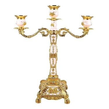 Imagem de QANYEGN Candelabro De Metal, Castiçal Elegante Europeu, Castiçais De Ouro Para Mesa De Jantar De Casamento Festa De Natal Em Casa Decorativa (Ouro e três cabeças brancas)