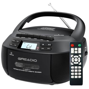Imagem de Greadio Kit de leitor de CD Boombox com leitor de cassete, visor LCD, rádio AM/FM, Bluetooth, som estéreo com controle remoto, gravação em fita, unidade AUX/USB, alimentação AC/DC, conector de fone de