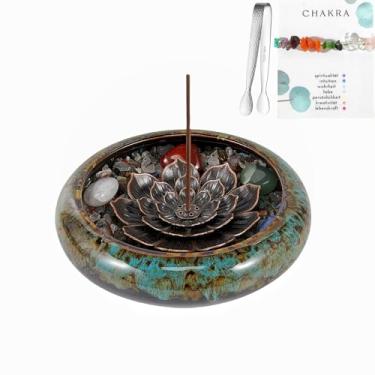 Imagem de MYMYYT Suporte de incenso – Queimador de incenso de cerâmica azul, suporte de incenso de lótus de cristal, queimador de incenso para cone, bobina, cones de sálvia, olíbano e palo santo