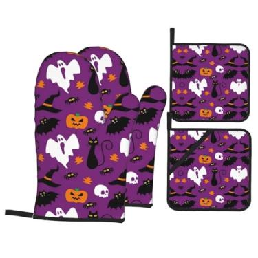Imagem de Conjunto de 4 peças de luvas roxas para forno de terror de Halloween e porta-panelas, luvas de forno de cozinha, resistente ao calor, para cozinhar churrasco