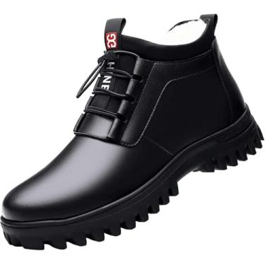 Imagem de Sapatos De Couro Genuíno Homens Outono Inverno Botas Sola Grossa Quente Pelúcia Couro De Vaca Botas De Tornozelo Masculinas Calçado Preto Para O Inverno, Black, 47 EU