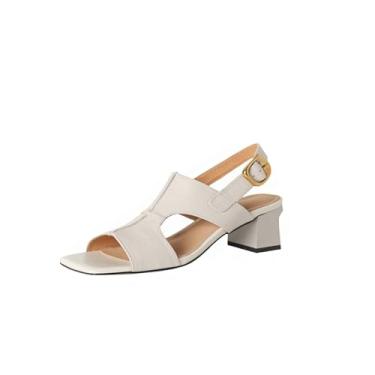 Imagem de TinaCus Sandália feminina feita à mão de couro legítimo Peep Toe Slingback salto bloco oco confortável, Bege, 37