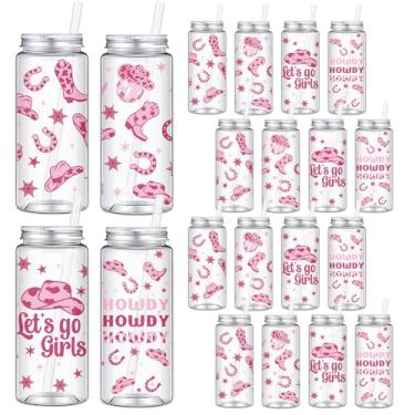 Imagem de Honeydak 24 peças de copo de plástico Western Cowgirl com tampas e canudos 402 g Copos de plástico reutilizáveis Cowgirl bebendo lata de cerveja copo de café gelado para lembrancinhas de festa formal