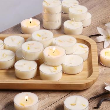 Imagem de Velas perfumadas com aroma de baunilha, pacote com 8 - luzes de chá transparentes estendidas 4-5h com superfície floral feita à mão, 100% cera de palma natural, sem fumaça para noite aconchegante em
