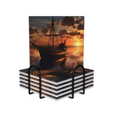 Imagem de Conjunto de 6 porta-copos com estampa de barco ao anoitecer com suporte para copo de café absorvente porta-copos de cerâmica redondo antiderrapante tapete de copo durável para mesa de café, bar