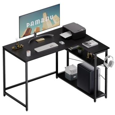 Imagem de Mesa de computador Pamray em L, 109 cm, com prateleiras laterais reversíveis, mesa de canto pequena para home office, mesa de estudo, mesa gamer, mesa de computador para quarto, preta