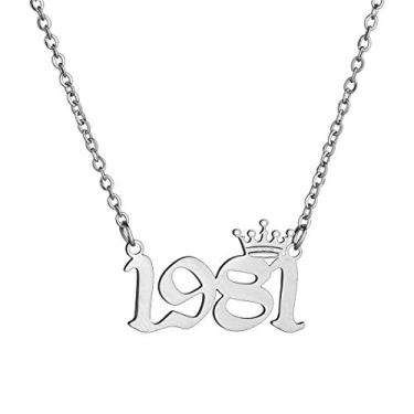 Imagem de MICOMAKA Número de ano de nascimento com colar de coroa, inglês antigo, joia de aniversário memorável para mulheres e meninas, joia de aniversário personalizada, pingente de aço inoxidável de ouro