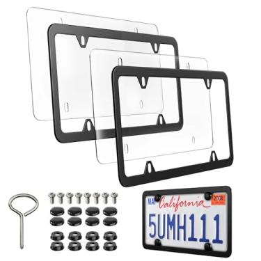 Imagem de Combo de capas de quadros de matrícula - pacote com 2 protetores de etiqueta de carro planos transparentes inquebráveis e suporte universal de alumínio para placa de carro com parafusos, tampas