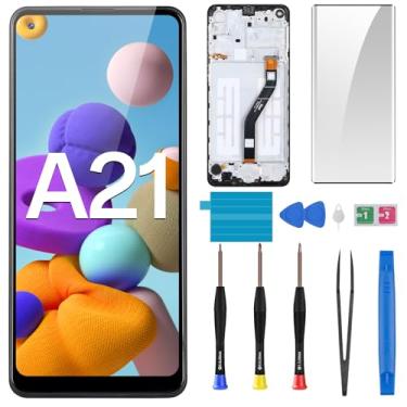 Imagem de BESJMYT Kit de ferramentas de reparo de vidro para Samsung Galaxy A21, tela LCD, digitalizador sensível ao toque, com botão lateral de moldura, alto-falante, vibração, motor, vidro, reparo, kit