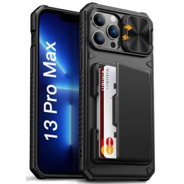 Imagem de Vihibii Capa para iPhone 13 Pro Max/iPhone 12 Pro Max com suporte para cartão (4 cartões) [bloqueio RFID] e capa de câmera deslizante, proteção contra quedas de nível militar, traseira robusta e borda