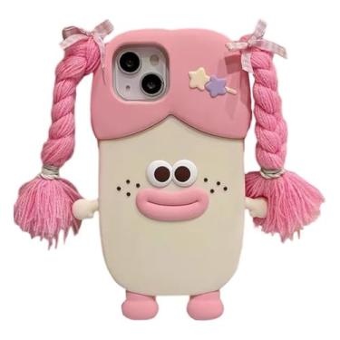 Imagem de QoKcoahn Capa compatível com iPhone 11, fofa 3D Kawaii engraçada boca de salsicha trançada menina rosa desenho animado capa com chaveiro protetor de gotas de gel de silicone macio mulheres meninas