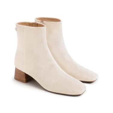 Imagem de Coutgo Bota feminina de cano baixo, salto grosso, bico quadrado, zíper lateral, vestido de inverno, Bege, 37