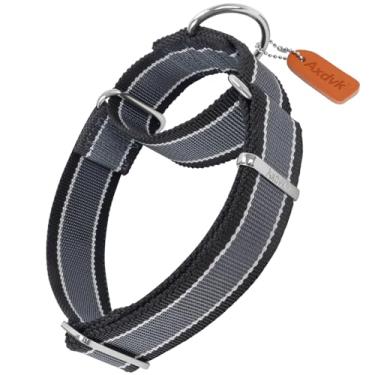Imagem de Axdvk Coleira Martingale de 3,8 cm de largura, 1600D, extraforte, antiescape, coleira para cães, resistente, sem puxão, com listras de 3 cores para cães de médio a GG (GG, cinza azul e preto)