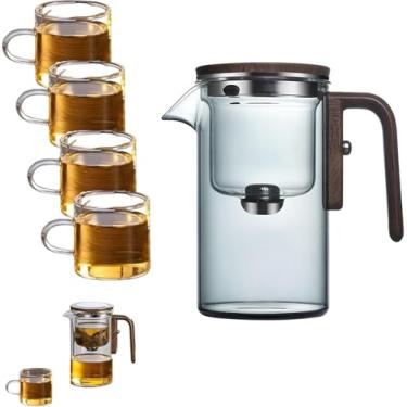 Imagem de Bule De Vidro Com Filtro, Bule De Vidro De Separação De água Com Cabo De Madeira, Bule De Chá Mágico Ehantipot, Bule De Vidro Com Infusor, Xícara De Bule De Fei, Transparent, 520ml+4*cup