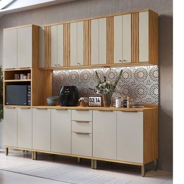 Imagem de Cozinha Modulada Completa 5 Peças 13 Portas e Tampo 270cm 100% Mdf Noruega Canelada Espresso Móveis Amêndoa/Off White