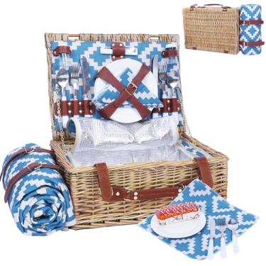 Imagem de Neti Neti Cesta de piquenique de vime para 4 pessoas com refrigerador isolado e cobertor impermeável – Grande cesto de piquenique de salgueiro para atividades ao ar livre, acampamento, praia