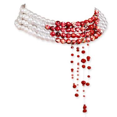 Imagem de Blinket Colar de pérolas de imitação de sangue pingando de Halloween, gargantilha de vampiro, colar com pingente de quatro camadas, bijuteria de festa de Halloween para mulheres