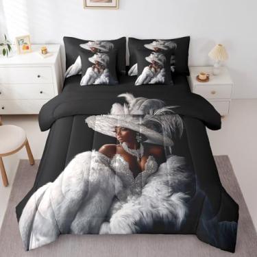 Imagem de Erosebridal Jogo de cama Queen com edredom preto moderno, cinza, prata, para meninas, adolescentes, mulheres, vestido afro-americano, estampa de diamantes, estética, elegante, 7 peças