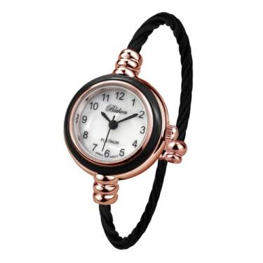 Imagem de Blekon Collections Relógio feminino de punho - mostrador analógico redondo, números arábicos, caixa de 23 mm, pulseira de arame, relógio feminino elegante com pulseira de cabo, ouro rosa/preto