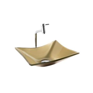 Imagem de Kit com Cuba Retangular De Vidro P/Banheiro Lavabo Apoio + Válvula Click + Torneira Link(Dourado)