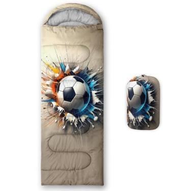 Imagem de QOOMO Sacos de dormir para acampamento com estampa de futebol esportivo, clima quente e frio, leve, sacos de dormir impermeáveis para adultos e crianças, viagens e ao ar livre, equipamentos de