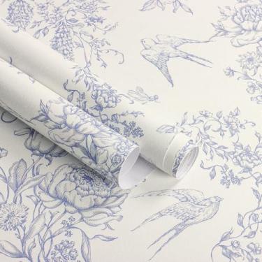 Imagem de Froluya Papel de parede floral azul e creme branco para descascar e colar papel de parede vintage pássaros papel de parede 43 x 499 cm floral removível papel de parede flores azuis autoadesivo para
